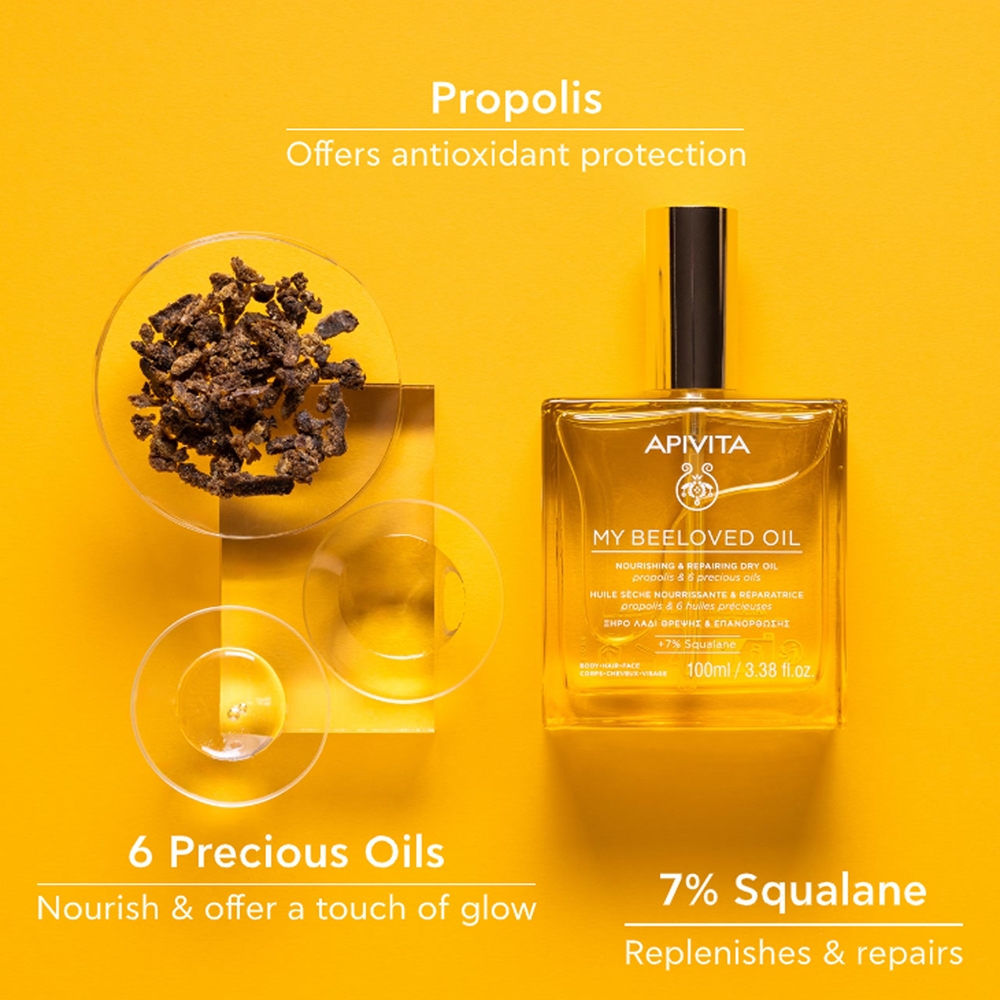 Подарочный набор Apivita Golden Glow, сухое масло для лица, тела и волос 100 мл и гель для душа 250 мл — фото 3