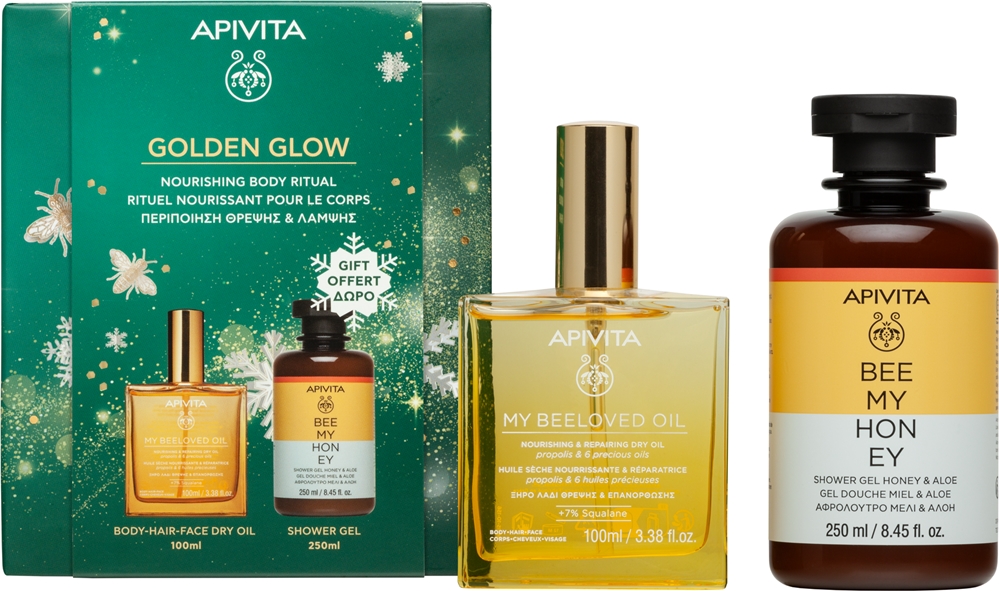 Подарочный набор Apivita Golden Glow, сухое масло для лица, тела и волос 100 мл и гель для душа 250 мл