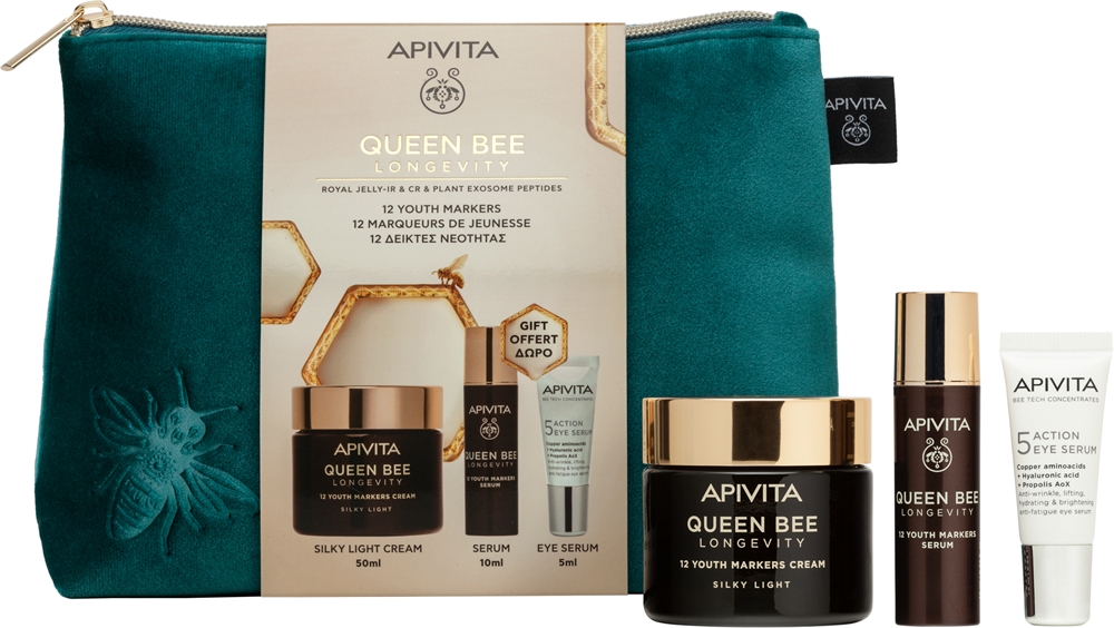 Набор для лица Apivita Queen Bee Longevity, лёгкий крем 50 мл, сыворотка против морщин 10 мл и сыворотка для глаз 5 мл