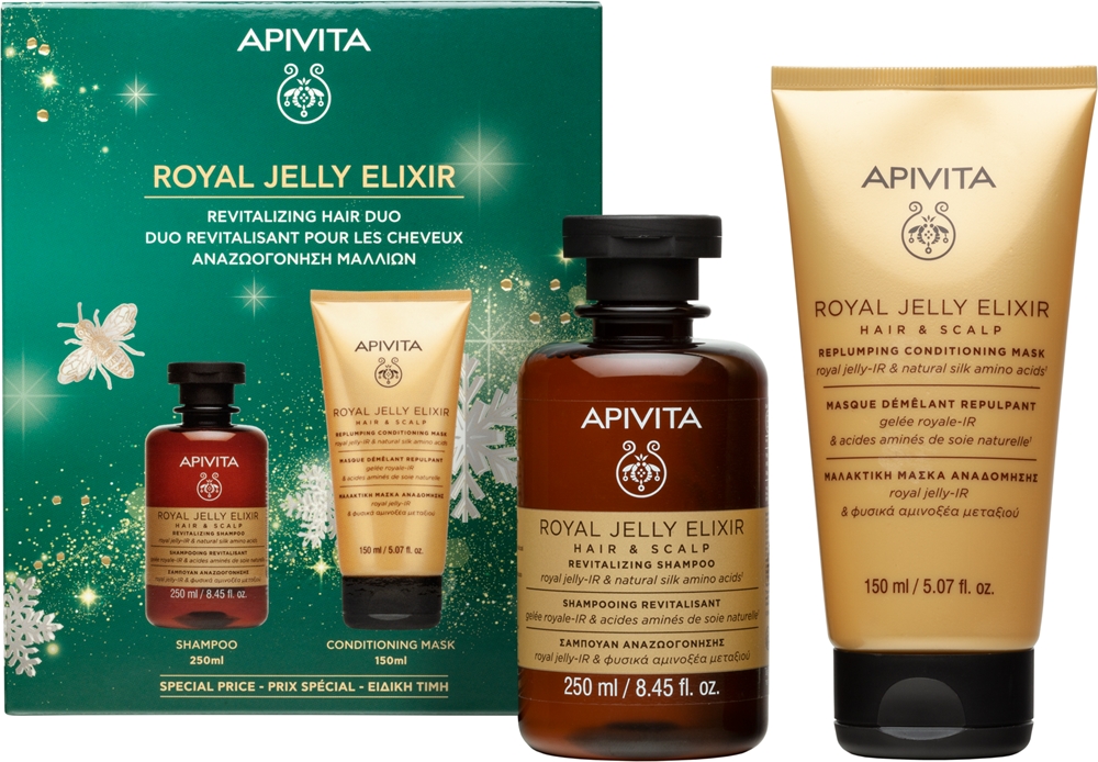 Набор для волос Apivita Royal Jelly Elixir Revitalizing Hair Duo, шампунь 250 мл и кондиционер-маска 2 в 1 150 мл