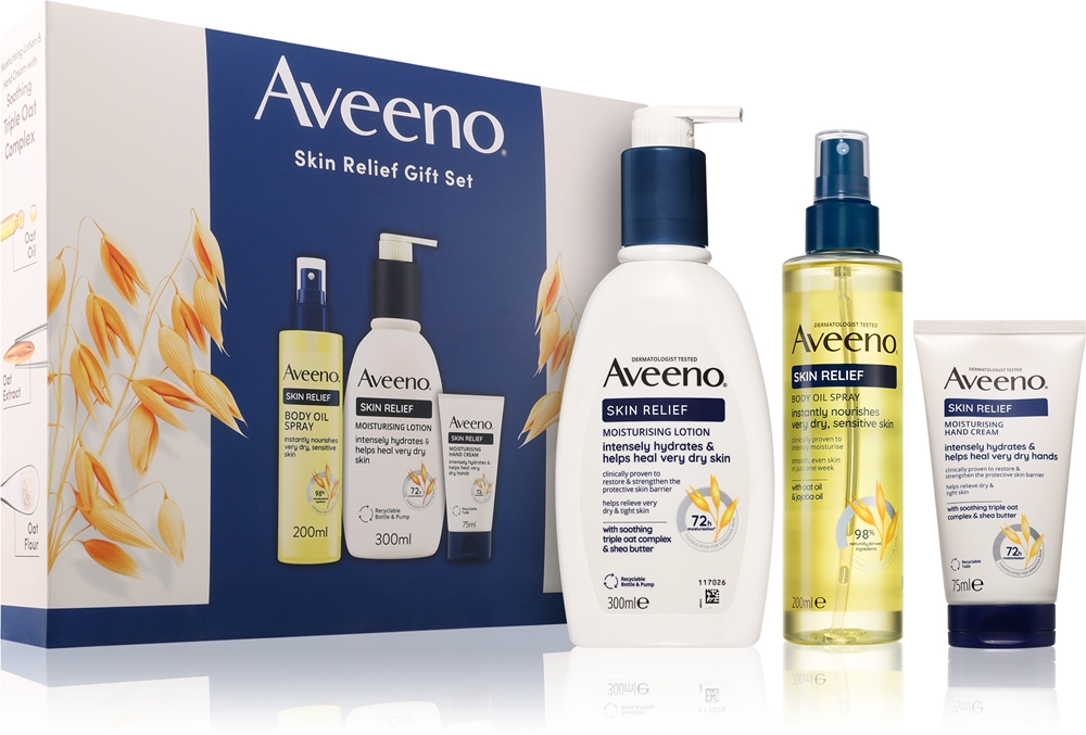 Подарочный набор Aveeno Skin Relief Gift Set, молочко для тела, масло-спрей и крем для рук, с овсом