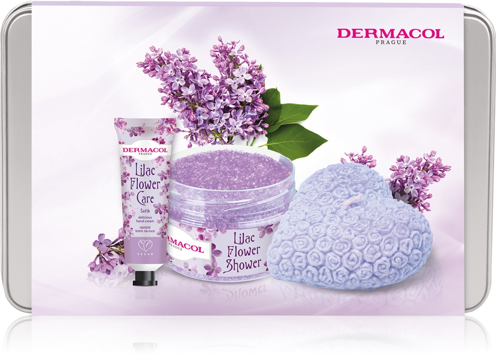 Набор косметики Dermacol Flower Care Lilac подарочный, со свечой, кремом для рук и сахарным скрабом