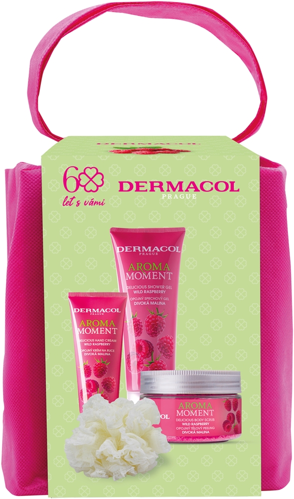 Набор косметики для тела Dermacol Aroma Moment Wild Raspberry подарочный, с кремом для рук, гелем для душа и сахарным скрабом