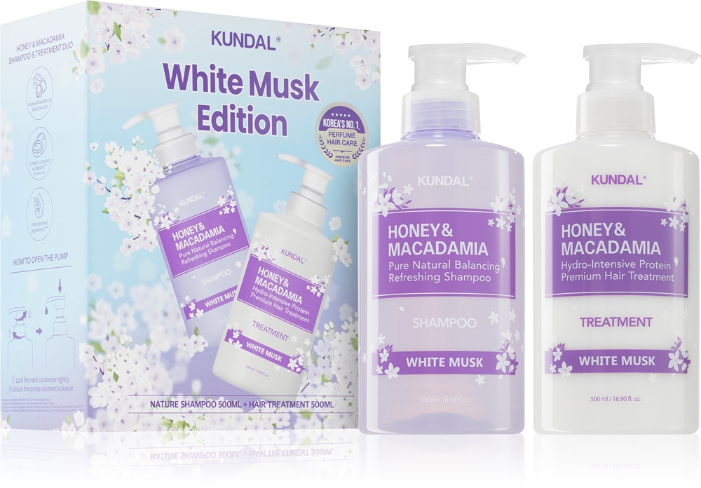 Набор для волос KUNDAL Honey Macadamia White Musk шампунь и увлажняющий уход для сухих и повреждённых волос, 2 x 500 мл
