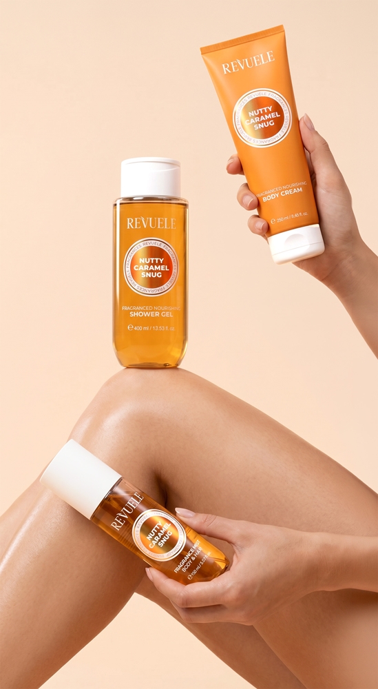 Подарочный набор для тела Revuele Nutty Caramel Snug Fragrance Trio Set мист, крем и гель для душа, гурманский аромат — фото 3