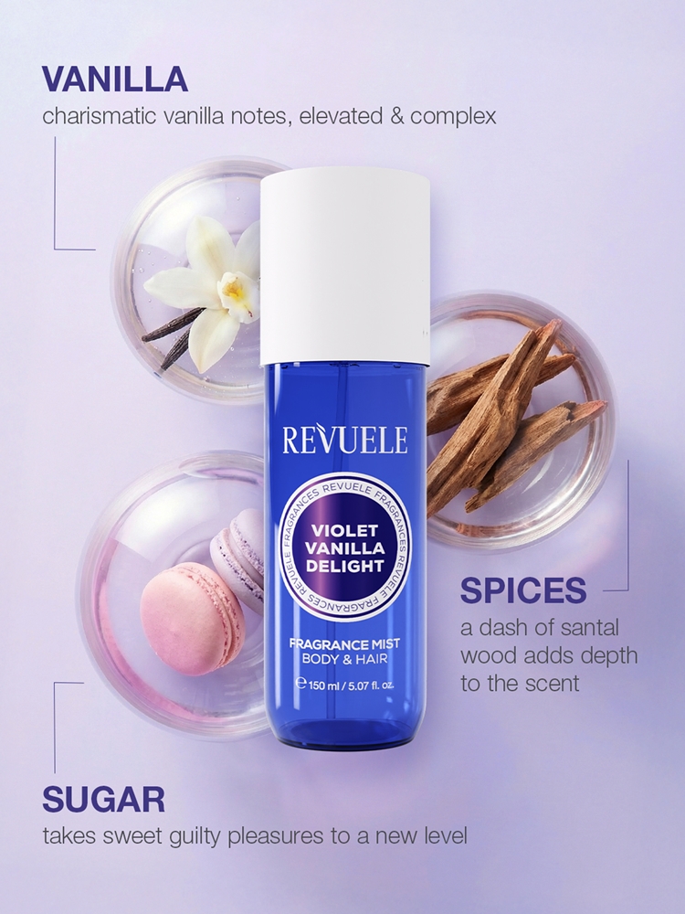 Подарочный набор для тела Revuele Violet Vanilla Delight Fragrance Trio Set мист, крем и гель для душа, гурманский аромат — фото 2