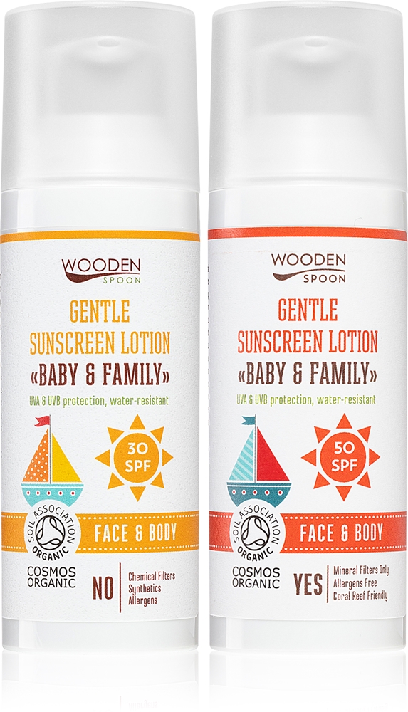 Набор солнцезащитных молочков для всей семьи WoodenSpoon Baby Family SPF 30 и SPF 50, увлажняющий, 1 шт