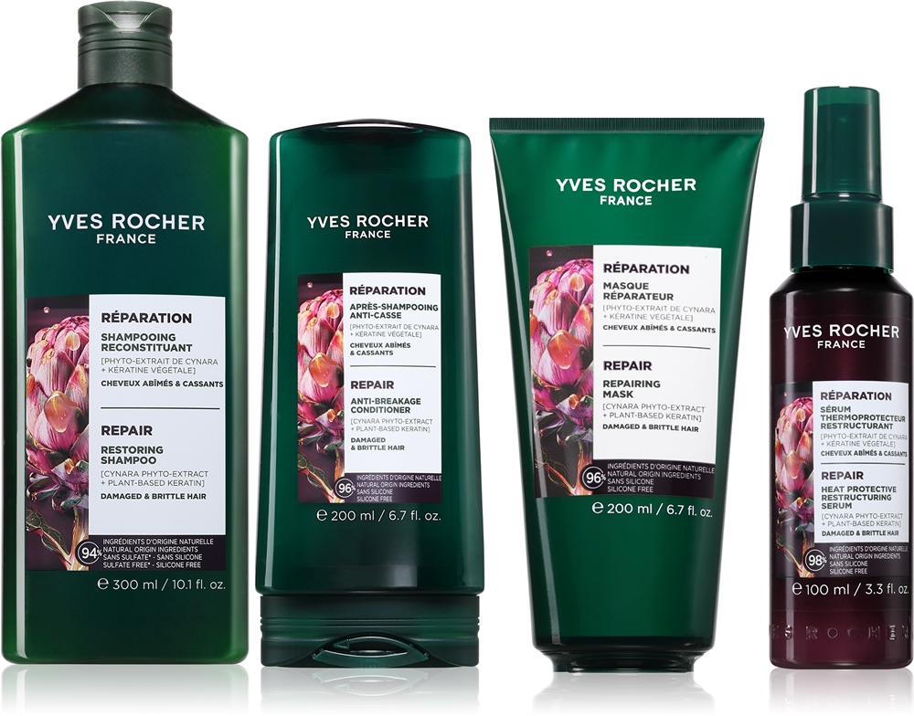 Набор для волос Yves Rocher Reparation восстанавливающий: шампунь, кондиционер, маска и сыворотка