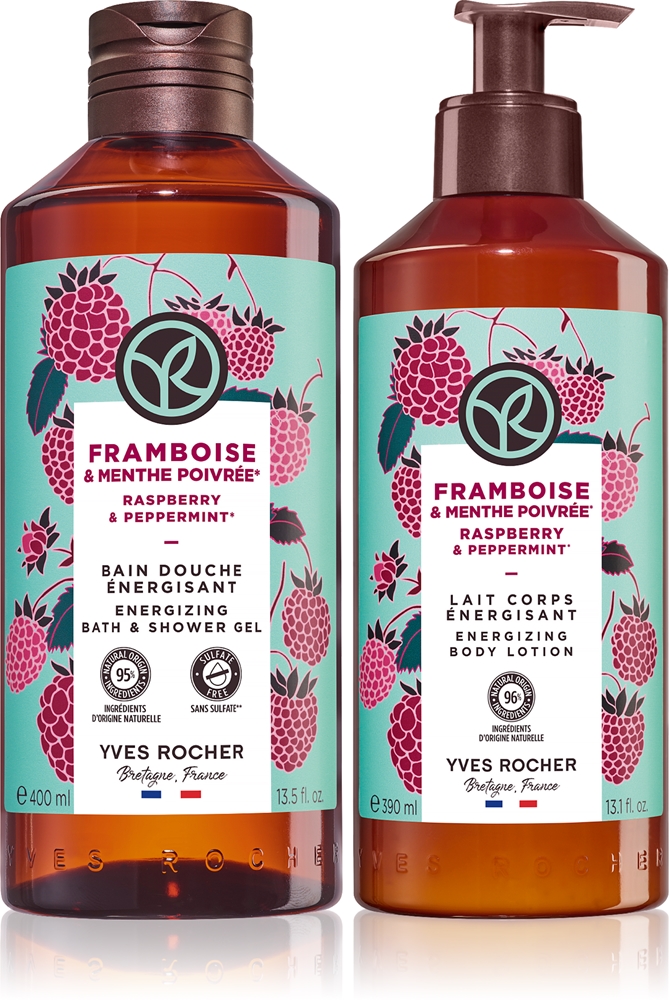Набор Yves Rocher Bain de Nature гель для душа Raspberry Mint и молочко для тела Raspberry Peppermint, 400 мл + 390 мл