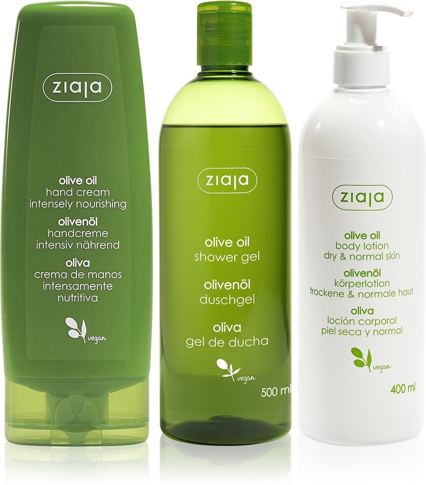 Набор Ziaja Olive Oil с оливковым маслом: гель для душа, молочко для тела и крем для рук, витамины C и E, 1 шт