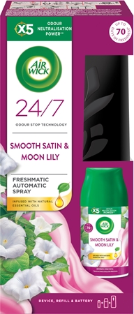 Air Wick Freshmatic Smooth Satin & Moon Lily air freshener with floral fragrance