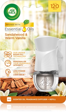 Air Wick Electric Sandalwood & Vanilla sähköinen ilmanraikastin sisältää täyttöpakkauksen