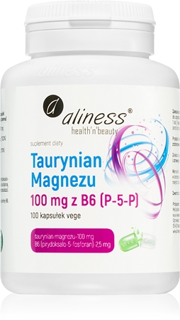 Aliness Taurynian Magnezu 100 mg z B6 (P-5-P) kapsułki wspomaganie prawidłowego funkcjonowania układu nerwowego, mięśni i zębów, redukcja poziomu zmęczenia