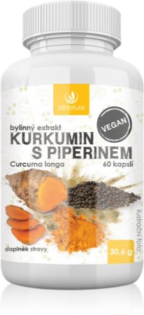 Allnature Kurkumin s piperinem bylinný extrakt doplnok stravy na podporu trávenia a s protizápalovými účinkami