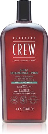 American Crew 3 in 1 Chamimile + Pine 3 en 1 : shampoing, après-shampoing et gel douche pour homme