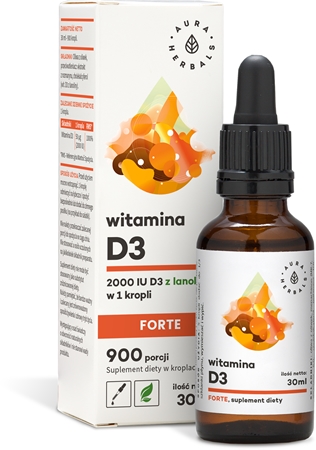 Aura Herbals Witamina D3 2 000 IU FORTE krople dla prawidłowego funkcjonowania układu odpornościowego, stanu kości i pracy mięśni