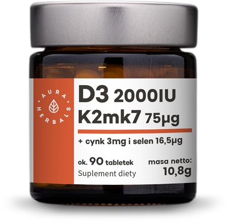 Aura Herbals Witamina D3 2 000 IU + K2 + Cynk + Selen tabletki na wsparcie układu odpornościowego