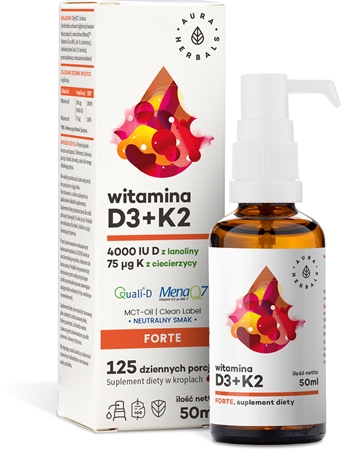 Aura Herbals Witamina D3 4 000 IU + K2, MCT krople na wsparcie układu odpornościowego