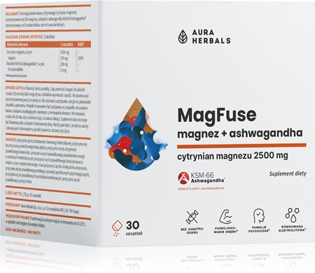 Aura Herbals MagFuse + ashwagandha saszetki do wspierania równowagi fizycznej i psychicznej organizmu