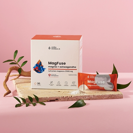 Aura Herbals MagFuse + ashwagandha saszetki do wspierania równowagi fizycznej i psychicznej organizmu