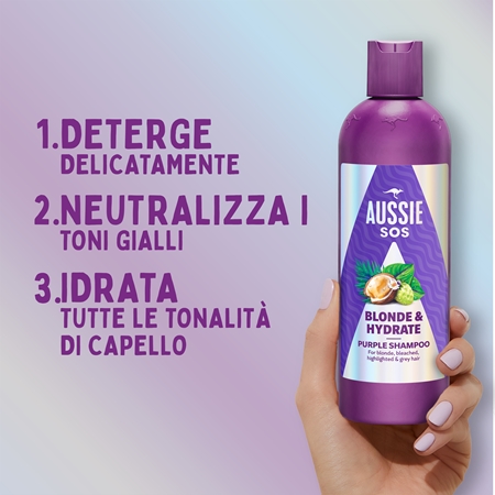 Aussie SOS Blonde & Hydrate shampoo tonificante viola per capelli biondi