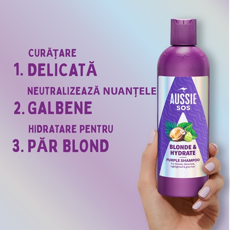 Aussie SOS Blonde & Hydrate sampon tonifiant cu violete pentru par blond