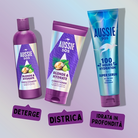 Aussie SOS Blonde & Hydrate shampoo tonificante viola per capelli biondi
