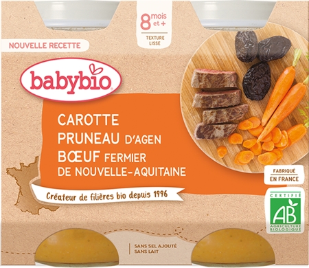 Babybio BIO mrkev a sušené švestky s hovězím masem dětský příkrm