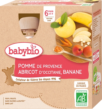 Babybio BIO jablko, meruňka a banán ovocný příkrm