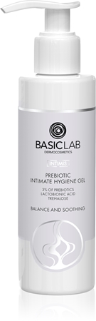 BasicLab Dermocosmetics Intimis rauhoittava intiimihygieniageeli sisältää prebiootteja