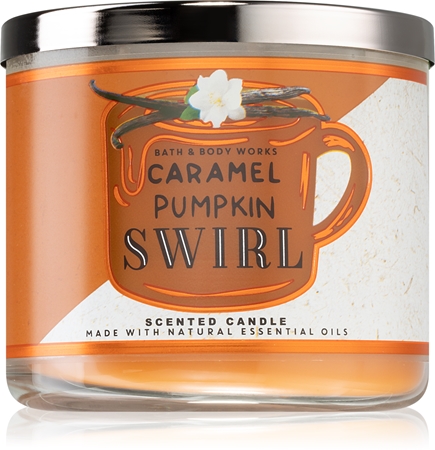 Bath & Body Works Caramel Pumpkin Swirl scented candle with essential oils