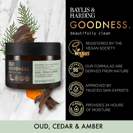 Baylis & Harding Goodness Oud, Cedar & Amber solný peeling na tělo