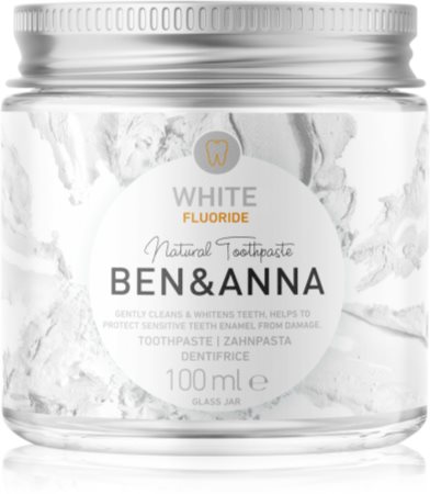 BEN&ANNA Natural Toothpaste White Fluoride hammastahna lasipurkissa sisältää fluoria