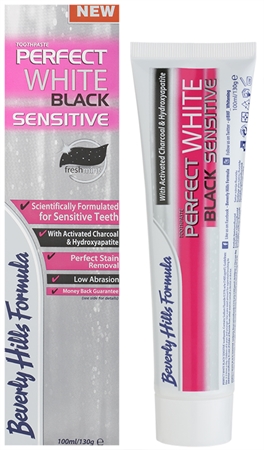 Beverly Hills Formula Perfect White Black Sensitive balinamoji dantų pasta su aktyvintosiomis anglimis jautriems dantims