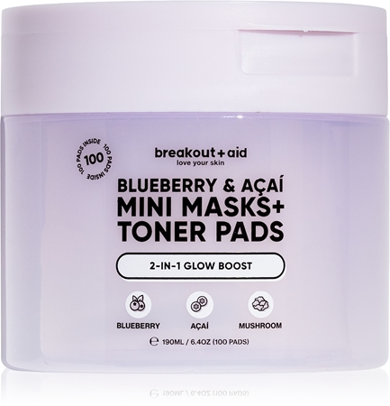 breakout + aid Mini Masks+Toner Pads Bluberry & Acai tonizuojančios pagalvėlės spindesiui ir drėkinimui suteikti