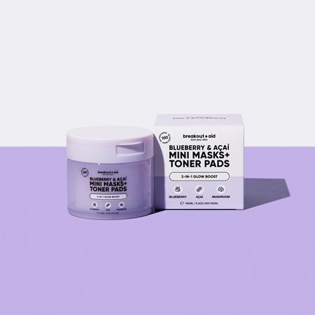 breakout + aid Mini Masks+Toner Pads Bluberry & Acai tonizuojančios pagalvėlės spindesiui ir drėkinimui suteikti