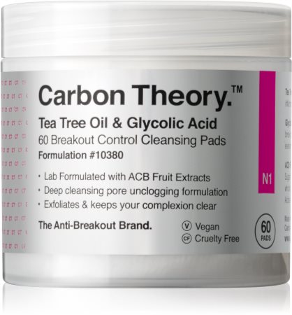 Carbon Theory Tea Tree Oil & Glycolic Acid Attīroši spilventiņi ar izgaismojošu un nogludinošu efektu
