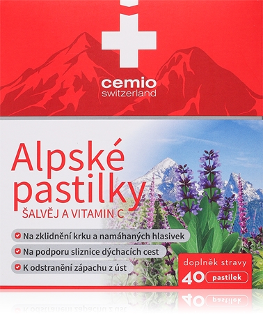 Cemio Alpské pastilky šalvia a vitamín C lisované pastilky na upokojenie sliznice ústnej dutiny