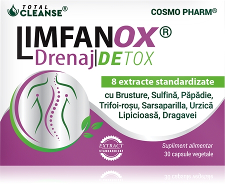 Cosmo Pharm Limfanox Drenaj Detox capsule susține funcționarea corectă a sistemului limfatic