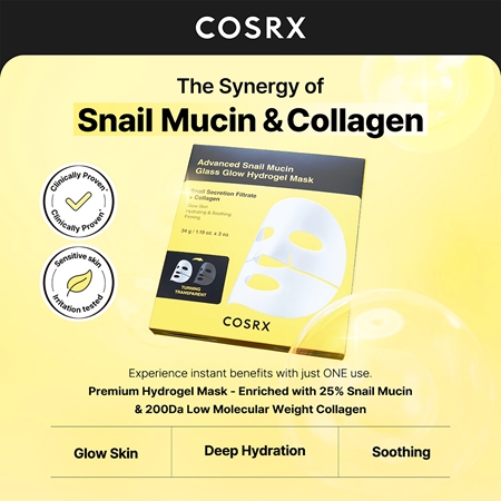 Cosrx Advanced Snail Mucin Glass Glow Hydrogel Mask rewitalizująca maska hydrożelowa z ekstraktem ze śluzu ślimaka do ujednolicenia kolorytu skóry