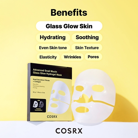 Cosrx Advanced Snail Mucin Glass Glow Hydrogel Mask rewitalizująca maska hydrożelowa z ekstraktem ze śluzu ślimaka do ujednolicenia kolorytu skóry