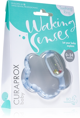 Curaprox Baby Waking Senses kousací kroužek s masážním kartáčkem a chrastítkem