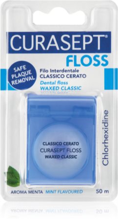 Curasept Dental Floss Waxed Classic Vahatatud piparmündimaitseline hambaniit antibakteriaalsete koostisainetega