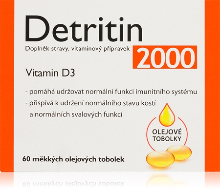 Detritin Vitamin D3 2000 IU měkké tobolky pro normální funkci imunitního systému, stav kostí, zubů a činnost svalů