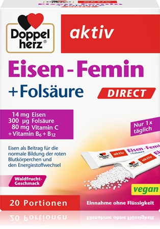 Doppelherz Eisen-Femin Direct Säckchen trägt zur normalen Produktion von roten Blutkörperchen und Hämoglobin bei