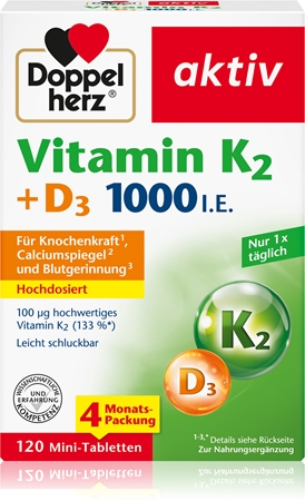 Doppelherz Vitamin K2 + D3 1000 I.E. Tabletten für die normale Funktion des Immunsystems, gesunde Knochen und Muskelaktivität