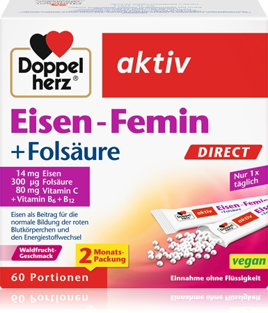 Doppelherz Eisen-Femin Direct Säckchen trägt zur normalen Produktion von roten Blutkörperchen und Hämoglobin bei