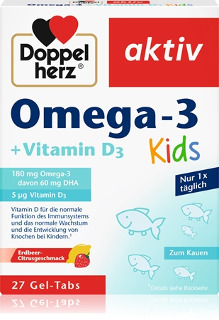 Doppelherz Omega-3 + Vitamin D3 Kids Weichkapseln zum Kauen für eine normale Herz- und Hirnfunktion