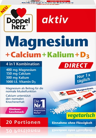 Doppelherz Magnesium + Calcium + Kalium + D3 Direct Säckchen für eine normale Funktion des Immunsystems, gesunde Knochen und Zähne und gute Muskelaktivität