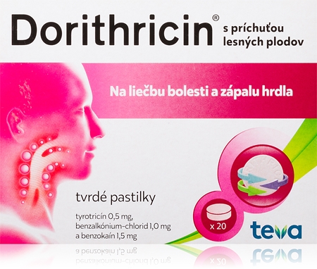Dorithricin Dorithricin 0,5 mg/1 mg/1,5 mg lisované pastilky pri zápale v krku a ústnej dutine